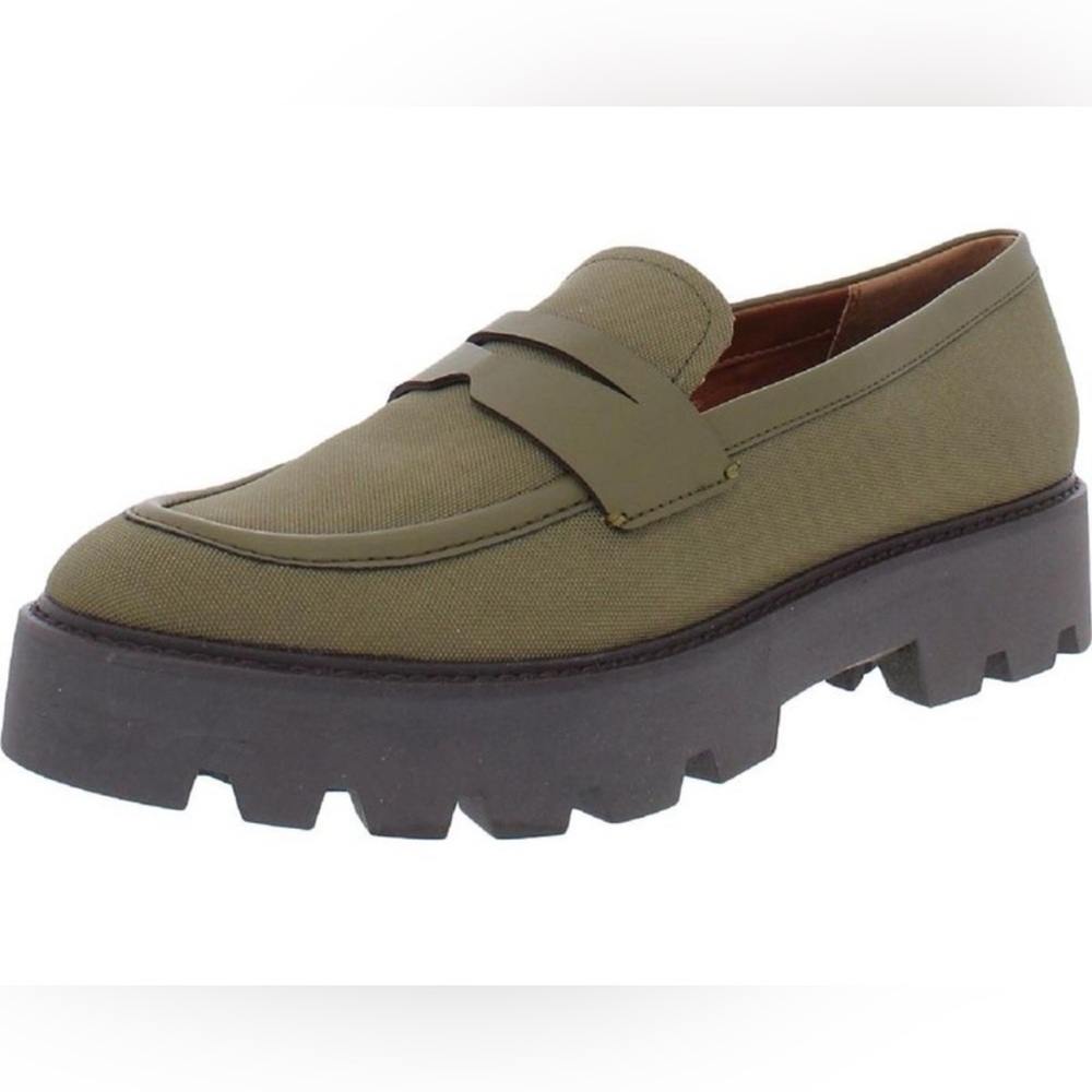 Franco Sarto Womens Balin 2 Olive Green Canvas‎ Lug Sole Slip-On Loafers Shoes.